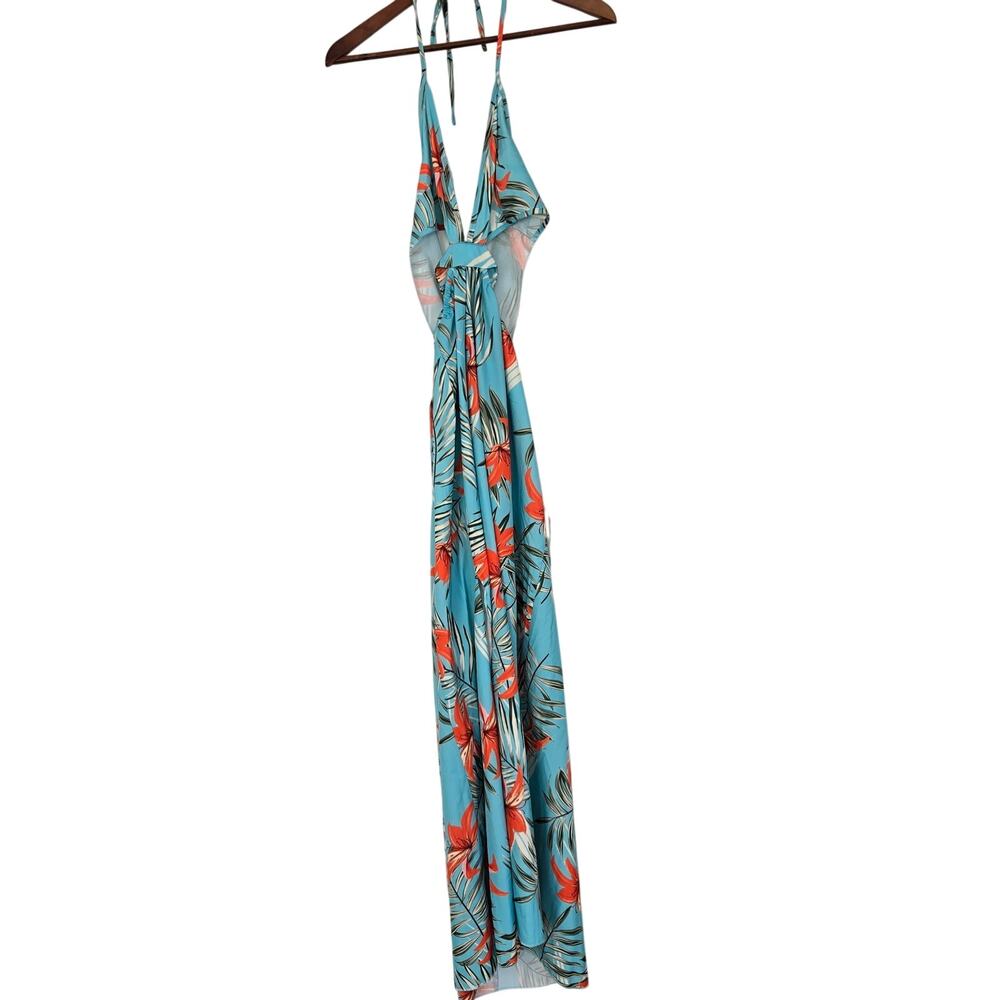 Light Blue Tropical Halter Maxi Dress Cutout Waist Slit Boho Beach Size Medium